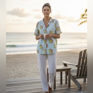 Their Nibs Floral Starfish Nautical 100% Cotton Button Down Pajama‎ Top Size L